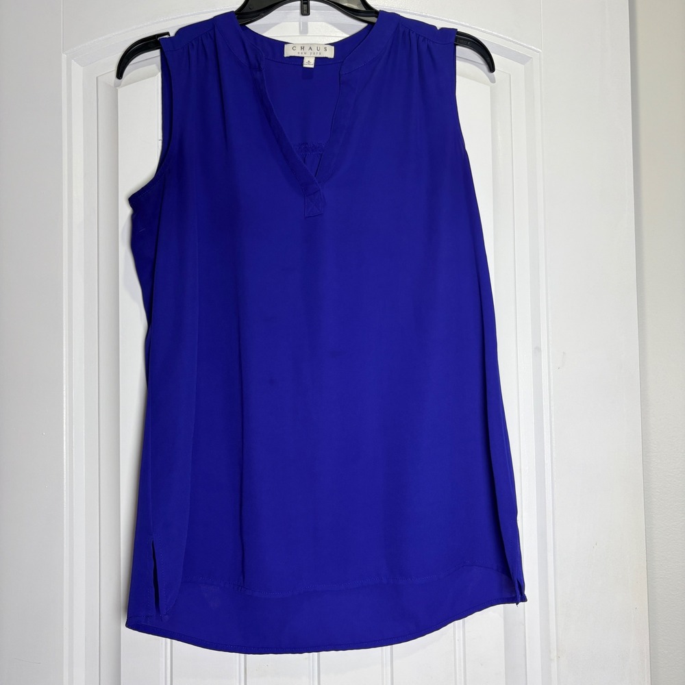 Chaus Sleeveless Blouse Women Small Blue Split V-Neck High-Low Hem Top